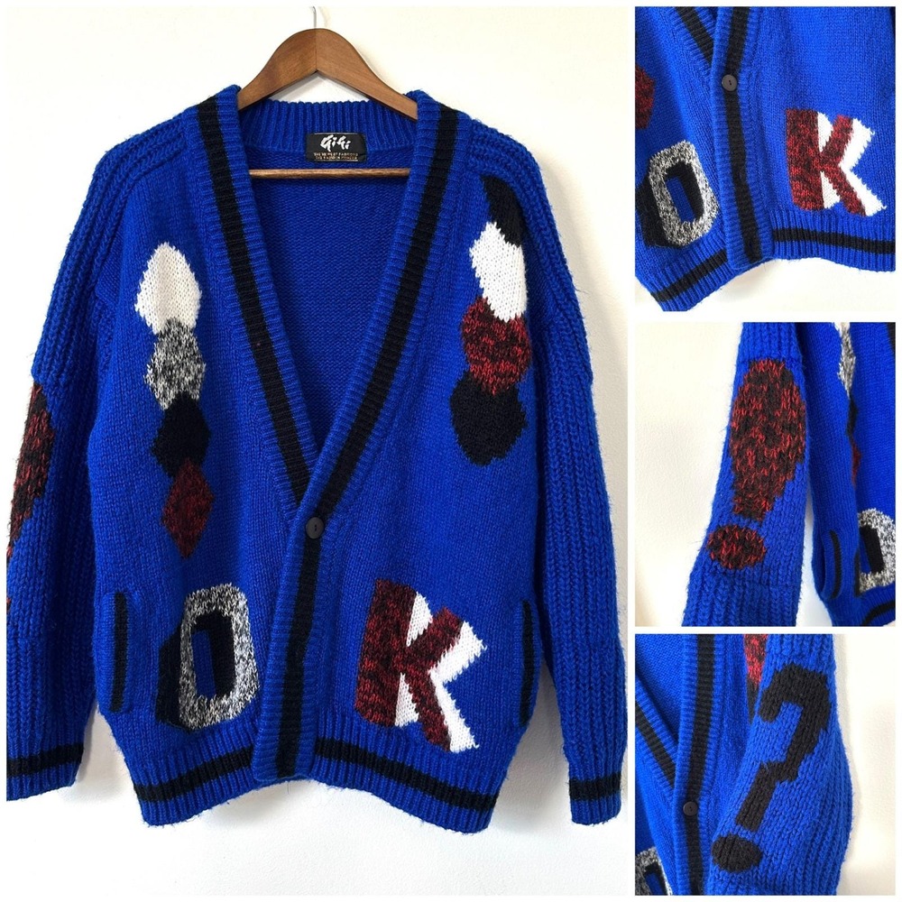 VTG 80s Statement Cardigan Sweater Gigi Blue Chunky Knit‎ Graphic Art Teacher L